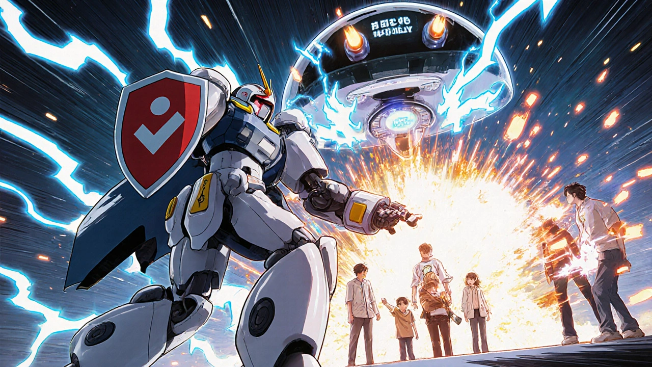 A heroic medic-bot blocks grapefruit projectiles as patients stand safe under a &#039;Safe Meds Only&#039; dome.