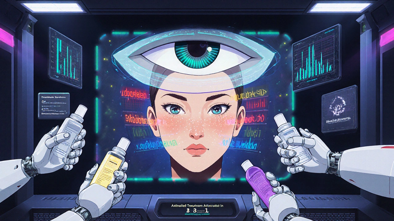 A high-tech AI eye analyzing acne types on a holographic face, with robotic arms dispensing treatments.