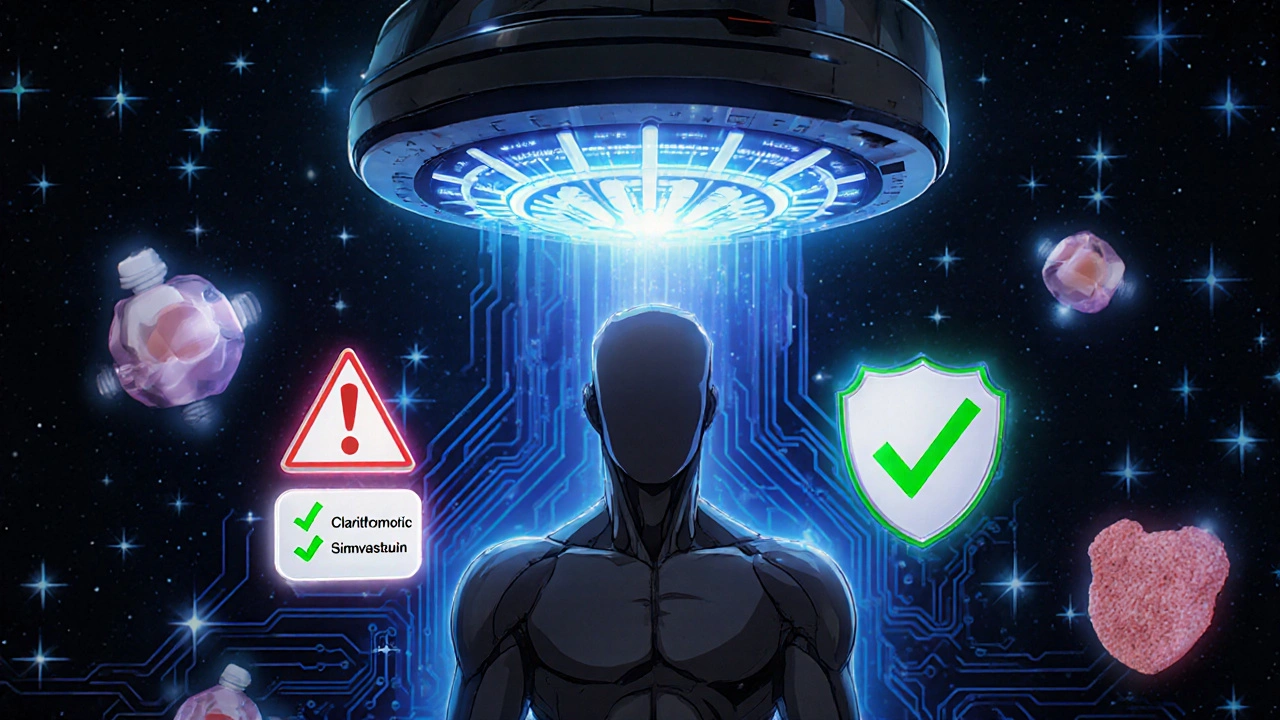 A human silhouette with a glowing gene mutation warning, floating drug symbols and a shield protecting muscles in space.