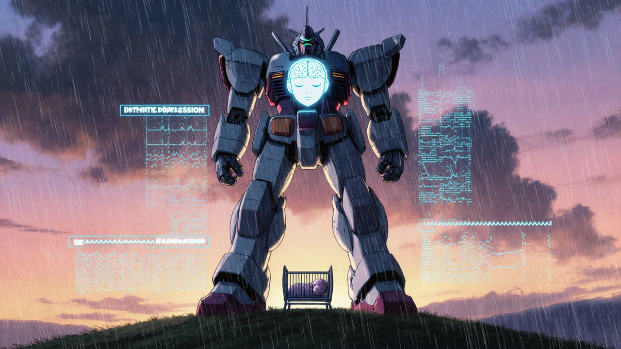 A mother-faced robot stands at dawn, dissolving a depression storm as a baby sleeps peacefully below.