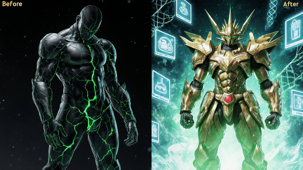 A person transforms from a dark, burdened figure into a radiant warrior as digital health metrics improve around them.