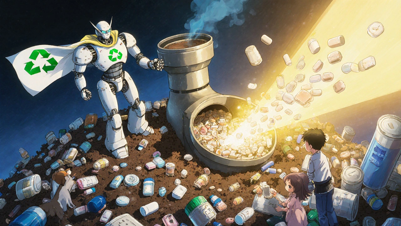 A pharmacist robot recycles expired meds into energy, protecting children and pets with a forcefield of safety.