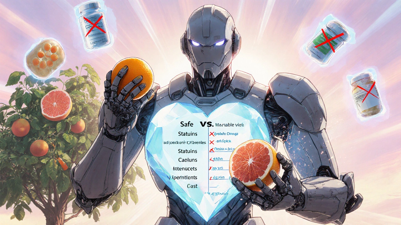 A pharmacy robot crushes a grapefruit while holding a safe orange, holograms of drugs float around it.