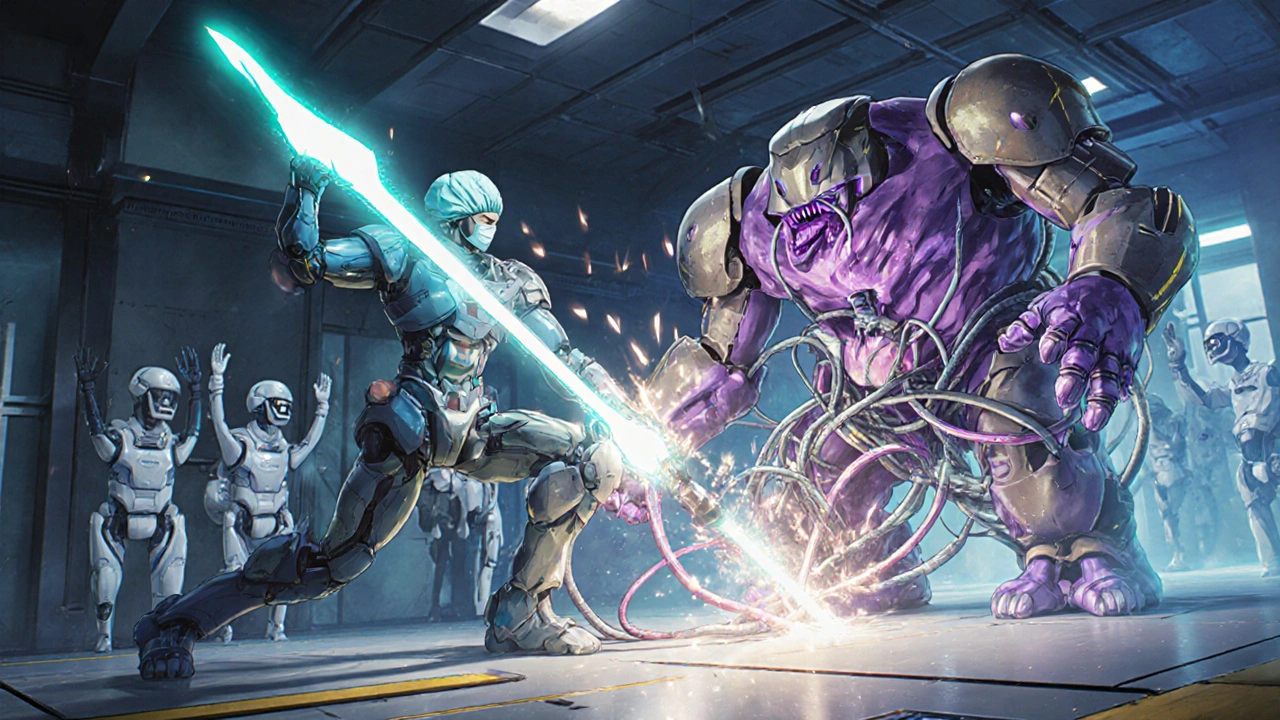 A robot surgeon fighting a virus monster with a glowing lance, safe statins cheering in the background, blue and gold light.