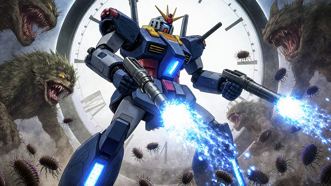 A robotic allergy fighter spraying mist to defeat pollen monsters while HEPA filters glow on its legs.