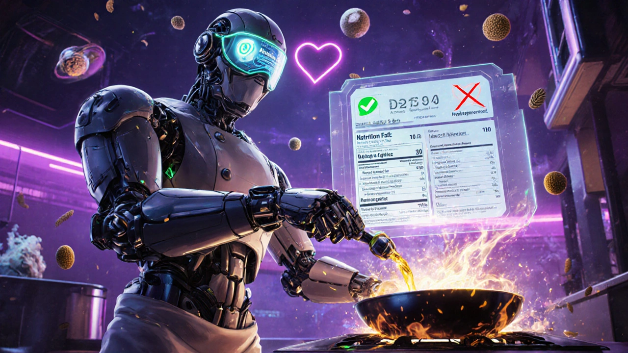 A robotic chef pouring algae oil while holographic nutrition labels glow in a futuristic kitchen.