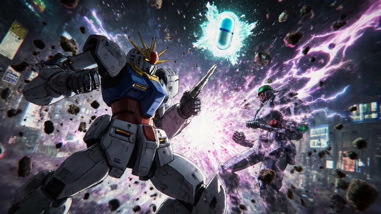 A robotic EpiPen and insulin pen fighting a dark bacterial storm, while a safe antihistamine capsule glows above.