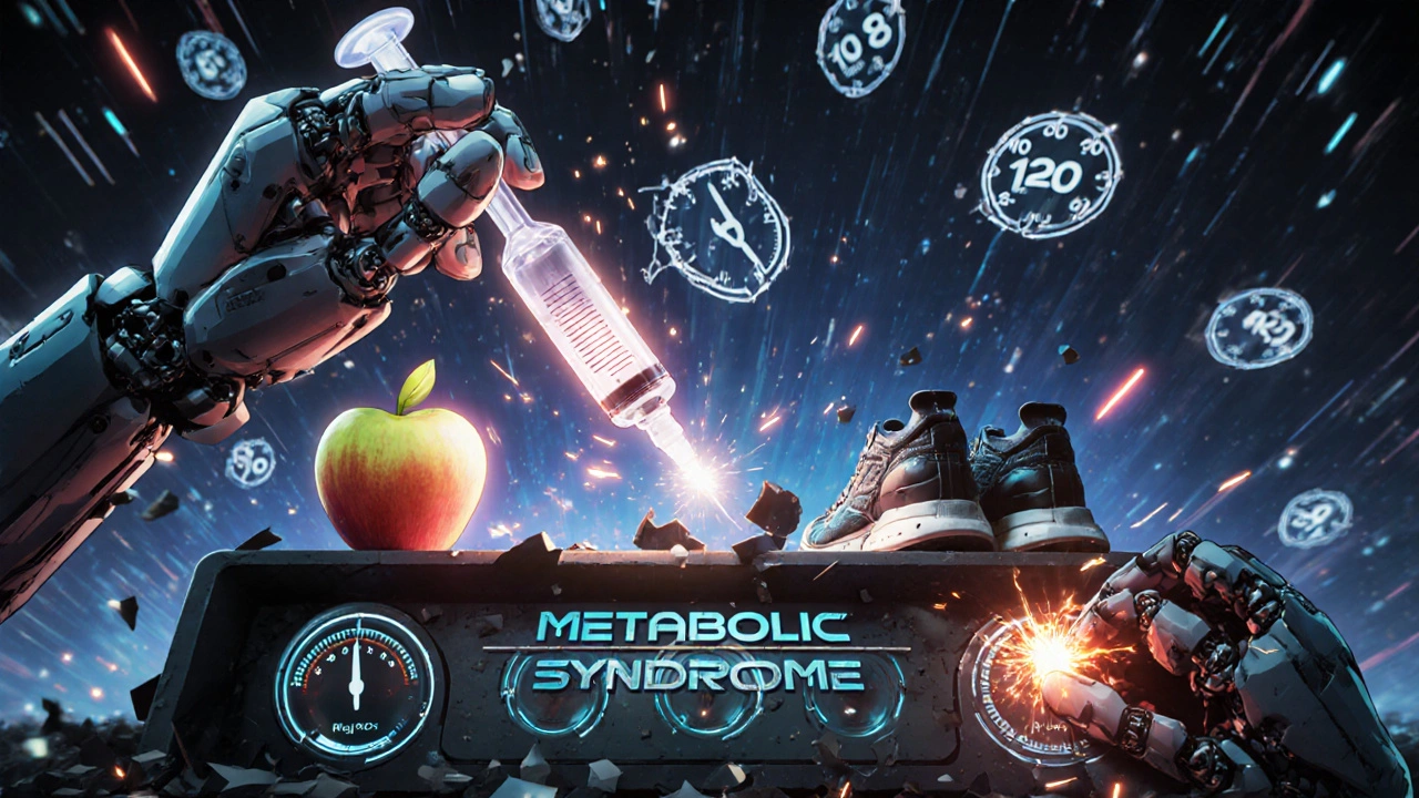 A robotic hand holding insulin next to an apple and sneakers, standing on a broken control panel with floating health metrics.