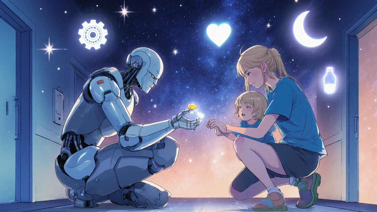 A robotic mother offers a glowing pill to a child, surrounded by symbols of therapy, breastfeeding, and sleep.