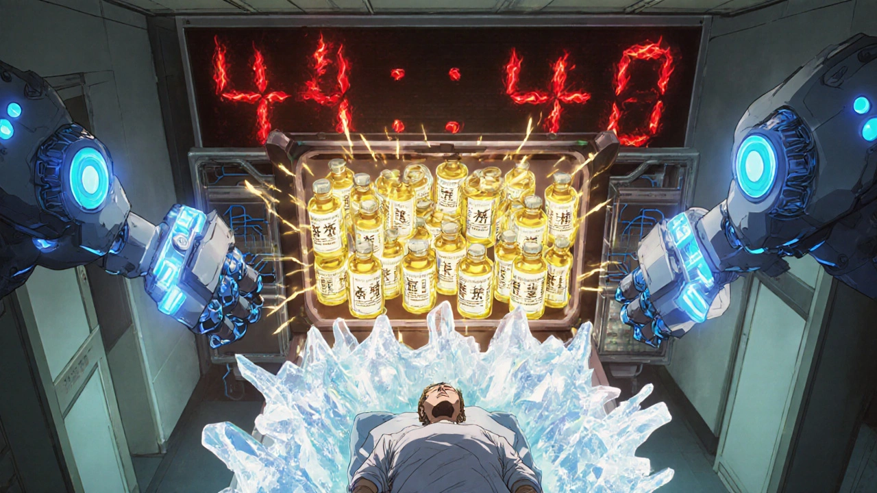 An emergency cart bursting open with glowing dantrolene vials and robotic arms preparing life-saving medication.
