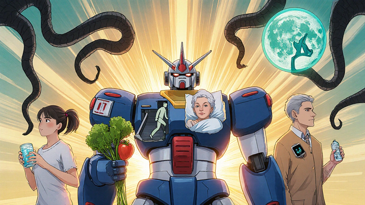 Diverse people forming a reassembling robot, each contributing healthy habits, repelling dark disease symbols under a sunrise.