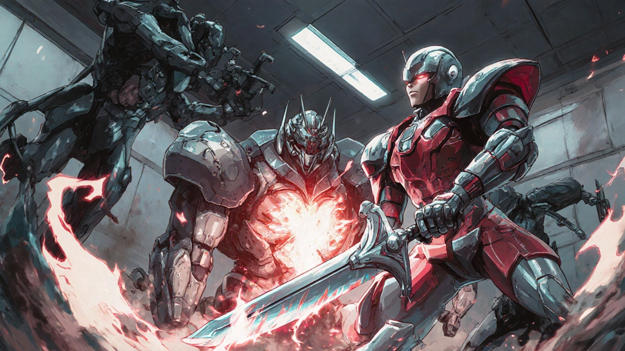 Emergency hospital battlefield with heart-engine mech under attack, stabilized by propranolol warrior.