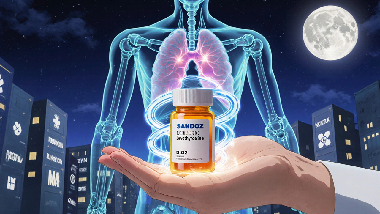 Hand holds levothyroxine bottle with glowing DNA strands showing normal and mutated gene variants.