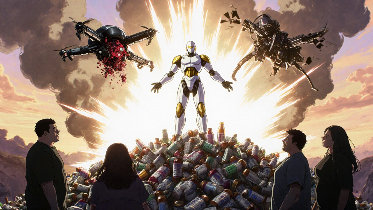 Heroic robot physician standing over warfarin bottles with safe DOAC drones beside them