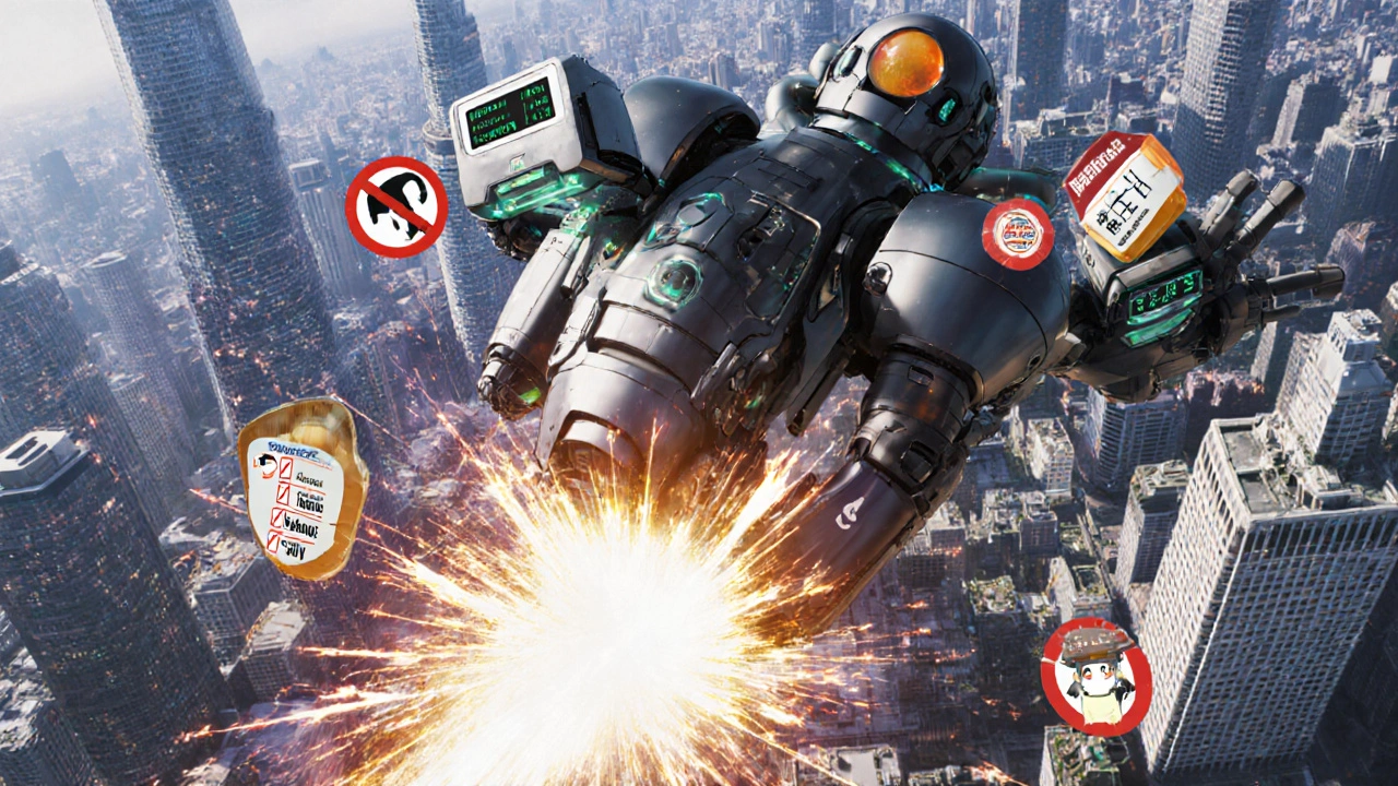 Mechanical travel suit flying over Tokyo, blocking banned drugs with glowing insulin core.