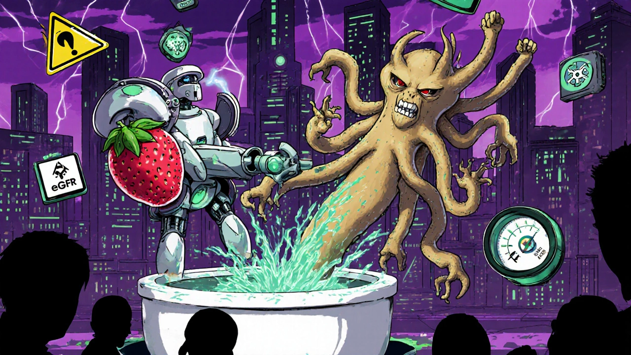 Medical drone fights a yeast monster with cranberry shield and water cannon.