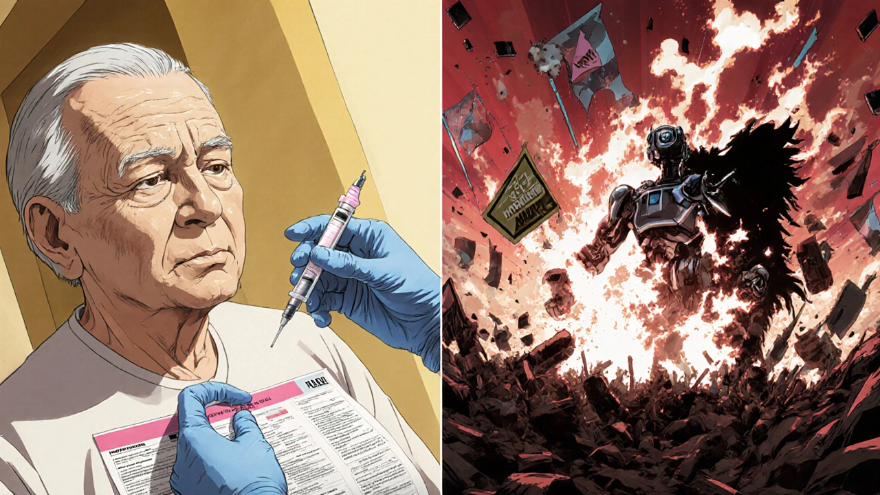 Split scene: calm patient getting injection vs. SGLT2 robot exploding into fungi.