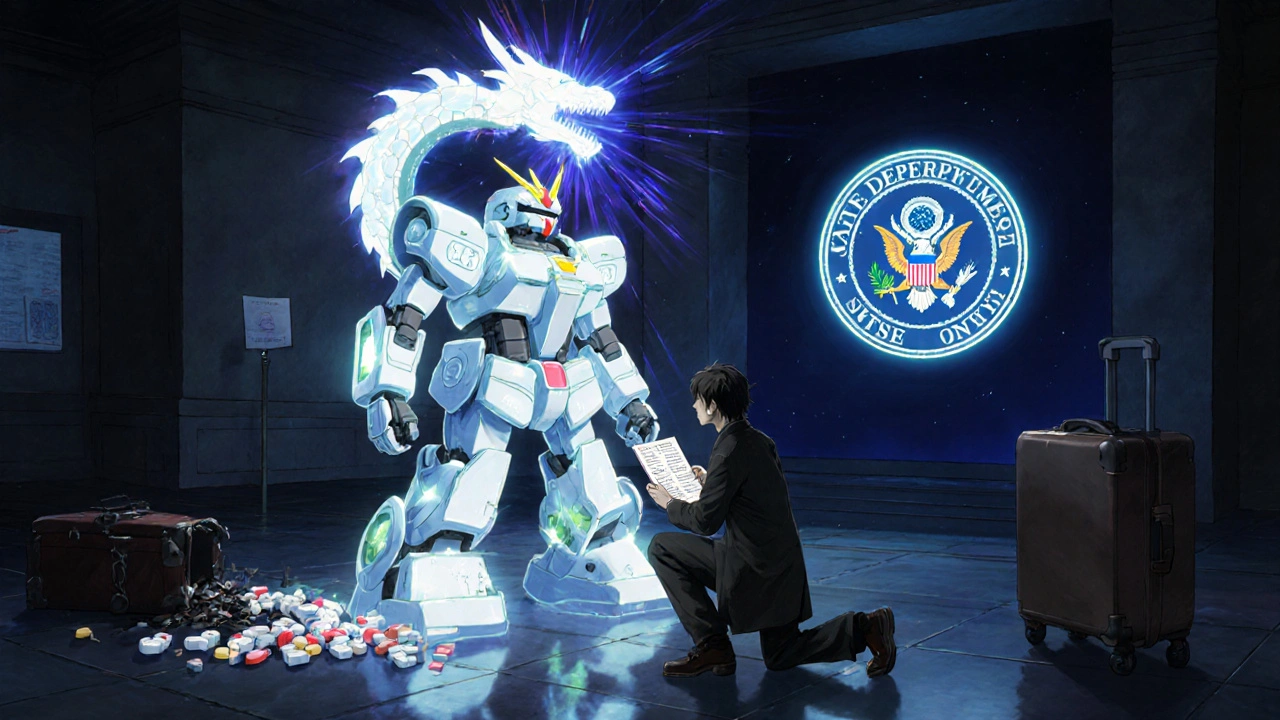 Traveler before robotic embassy guardian, medication list becoming a dragon of compliance.