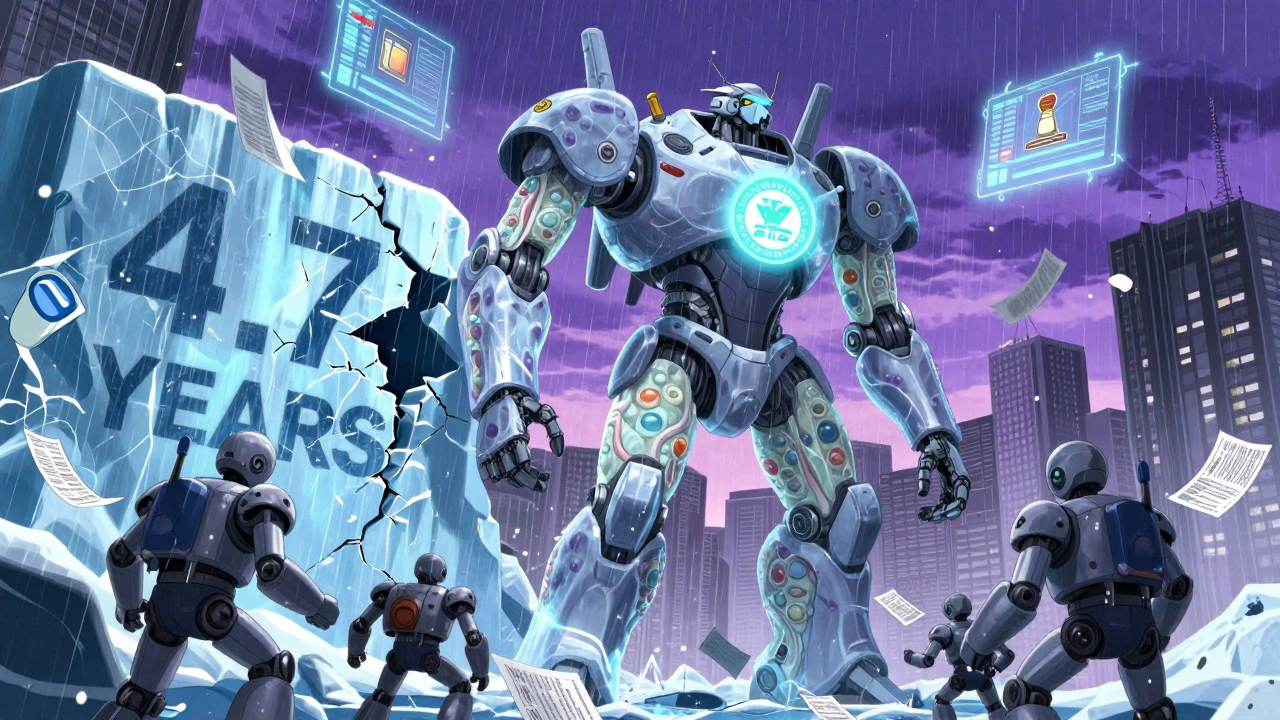 A bio-mechanical robot emerges from ice, surrounded by broken brand-name drug logos.