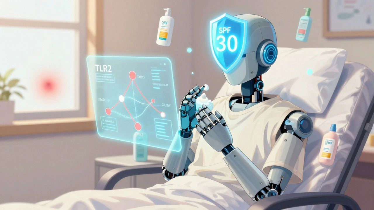 A calm robot applying moisturizer in sunlight, with healing holograms and SPF shield above, symbolizing recovery.
