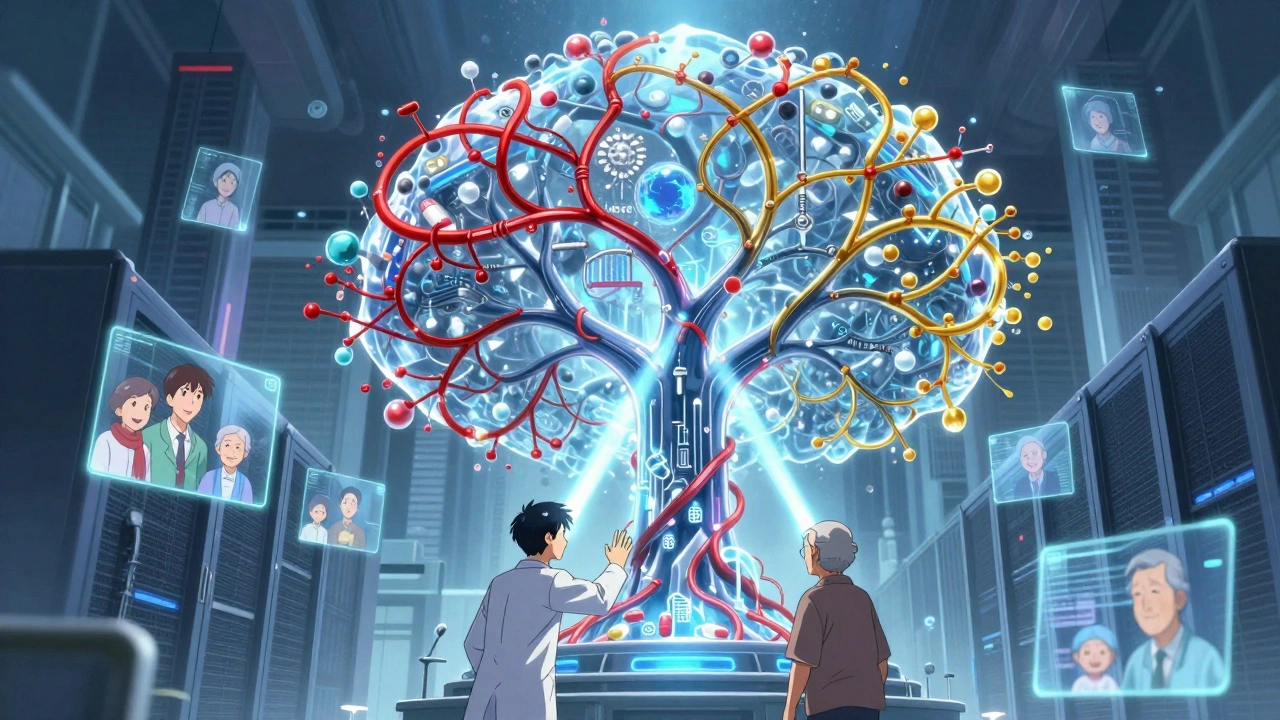 A crystalline AI core rejects harmful medications while promoting safer alternatives in a hospital server room.