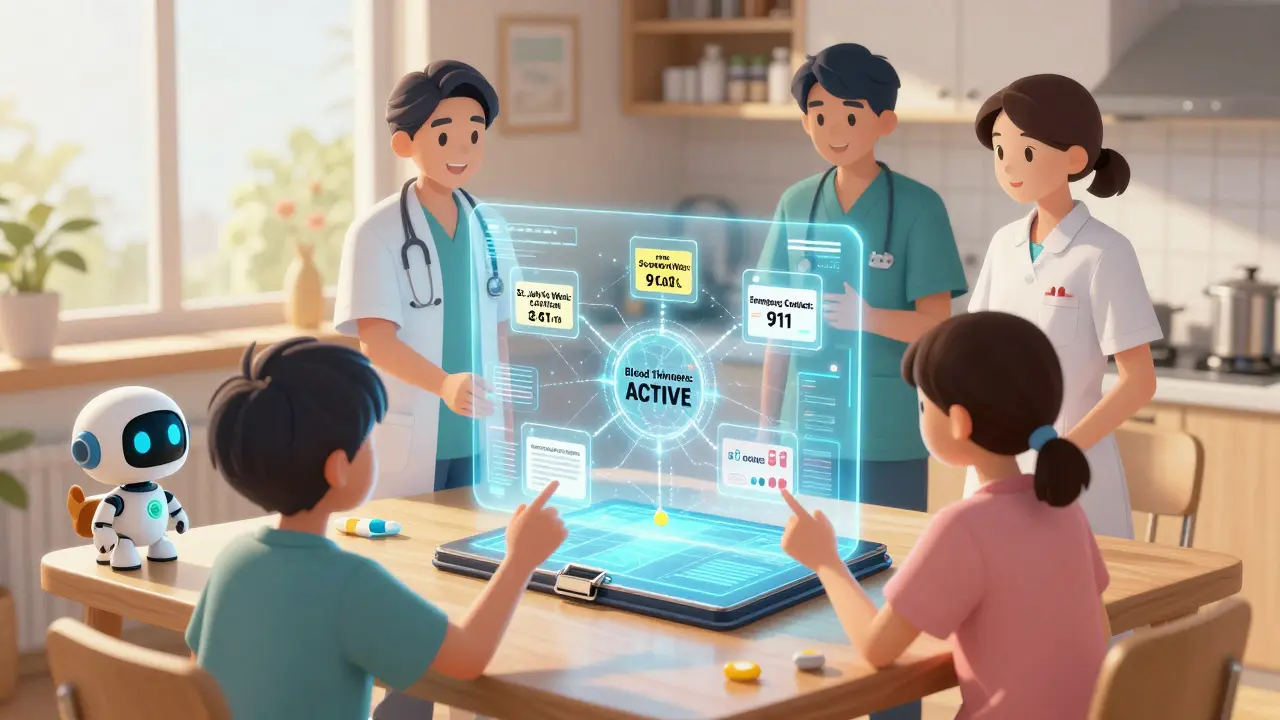 A family and care team interact with a floating holographic medication binder showing drug warnings and contacts.