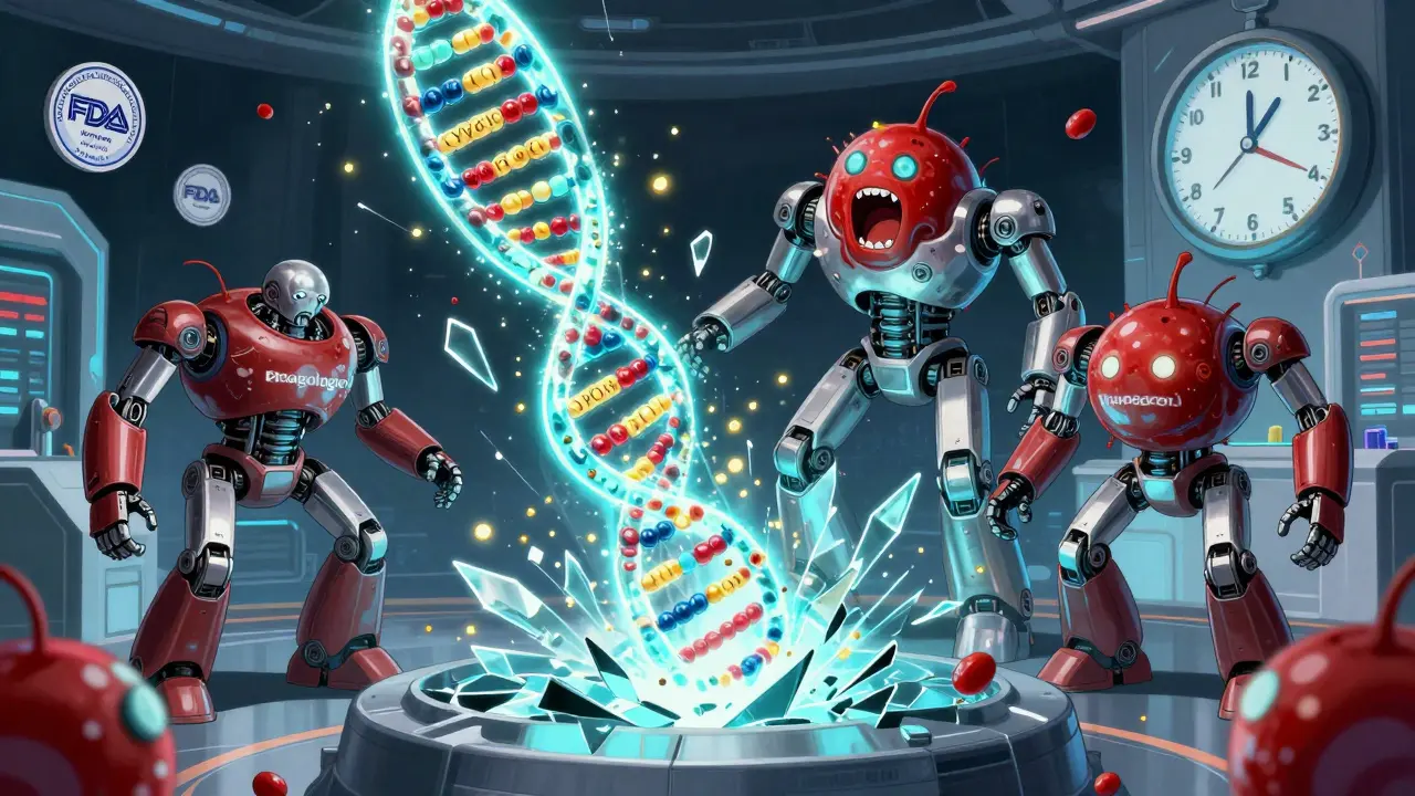 A genetic gene strand shattering as three robotic blood cells react differently, with FDA badges and a surgery countdown in the background.