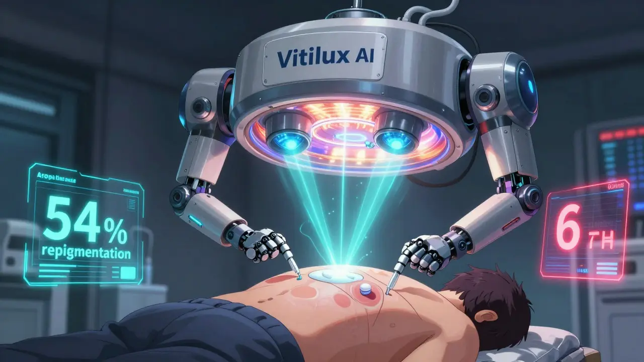 A giant AI device scanning skin and deploying cream with floating stats and energy beams.