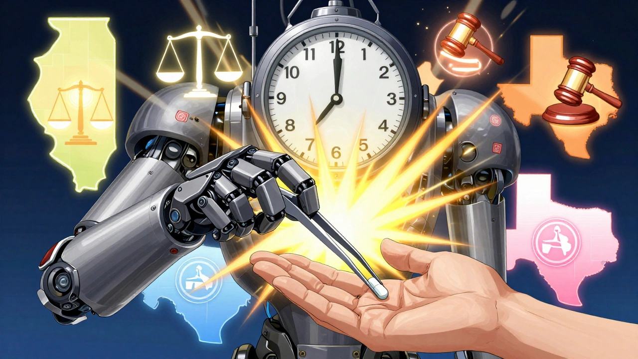 A giant mechanical arm hands a generic pill while state law deadlines and legal symbols flash in the background.