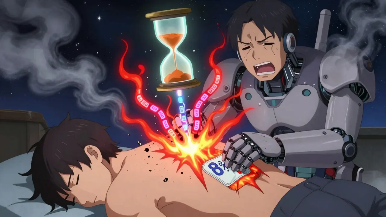 A giant robot applies a fiery capsaicin patch as pain nerves shatter into ash, symbolizing long-term relief.