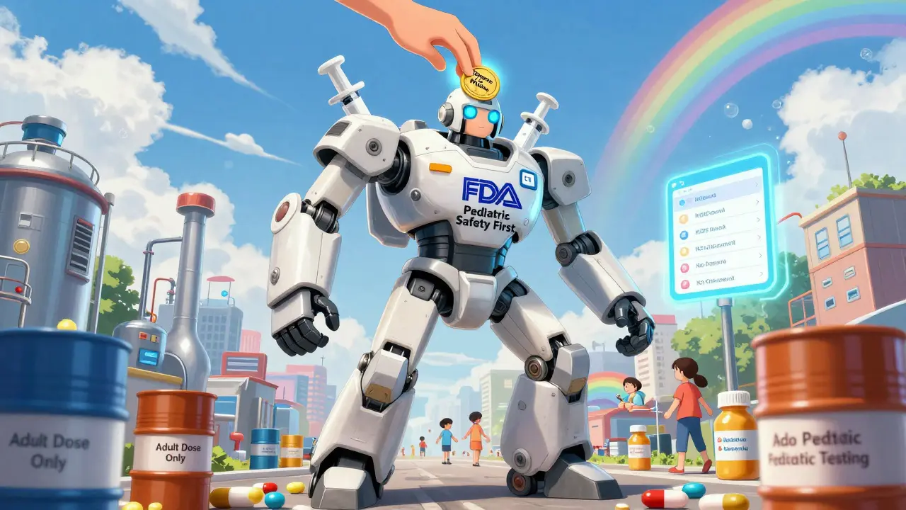 A giant robot made of medicine safeguards children by crushing adult-only drug factories underfoot.
