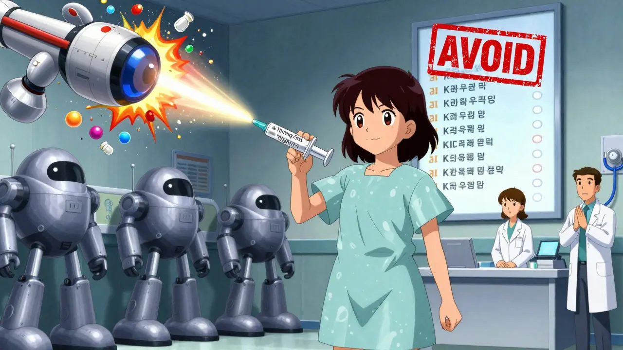 A girl uses an oral syringe as a weapon to destroy hazardous generic pills while the KIDs List glows behind her.