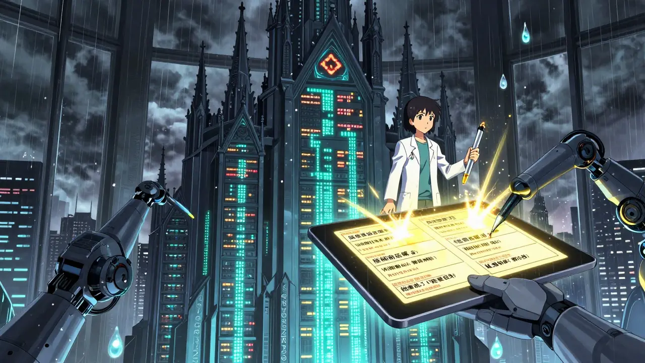 A heroic patient erasing false allergy warnings on a towering AI mainframe, with glowing data streams and crumbling digital alerts in a cyberpunk city.