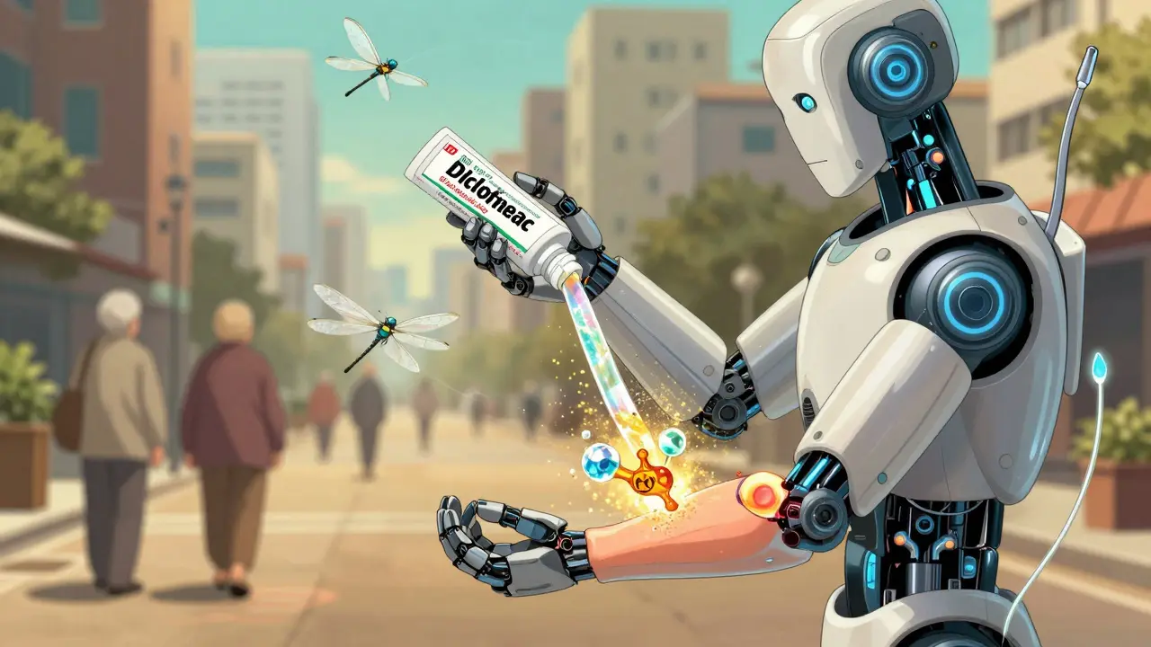 A humanoid robot dispenses glowing gel onto a joint, with dissolving enzyme crystals and golden dust surrounding it.