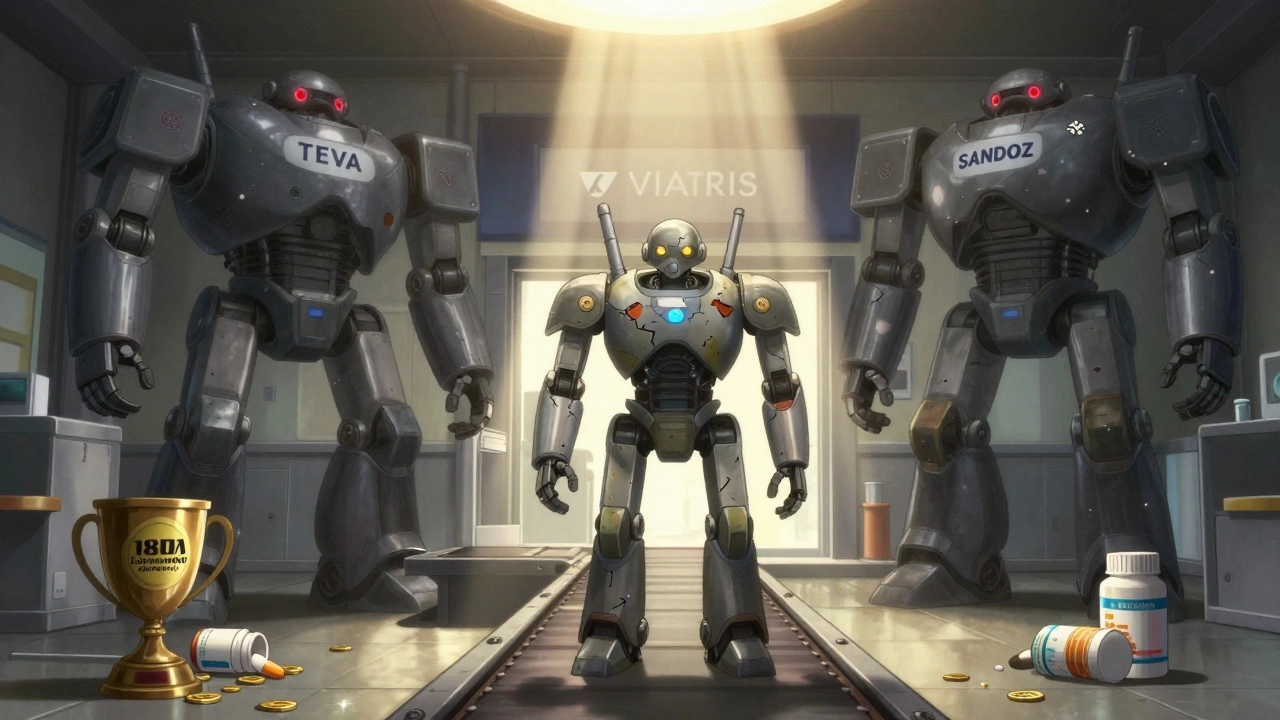 A lone generic robot holds a pill under a light beam, while three corporate mechs watch nearby.
