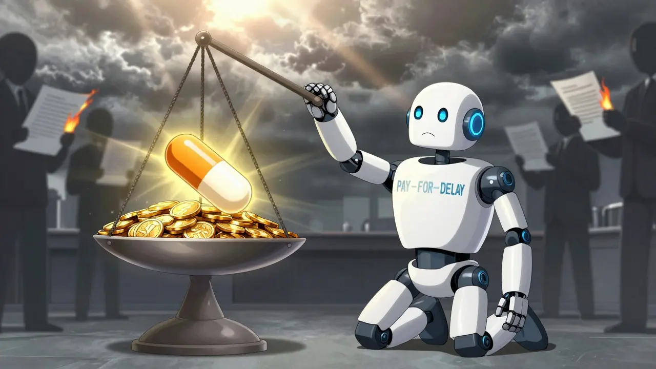 A lone robot places a generic pill on a scale, tipping it away from pay-for-delay money.