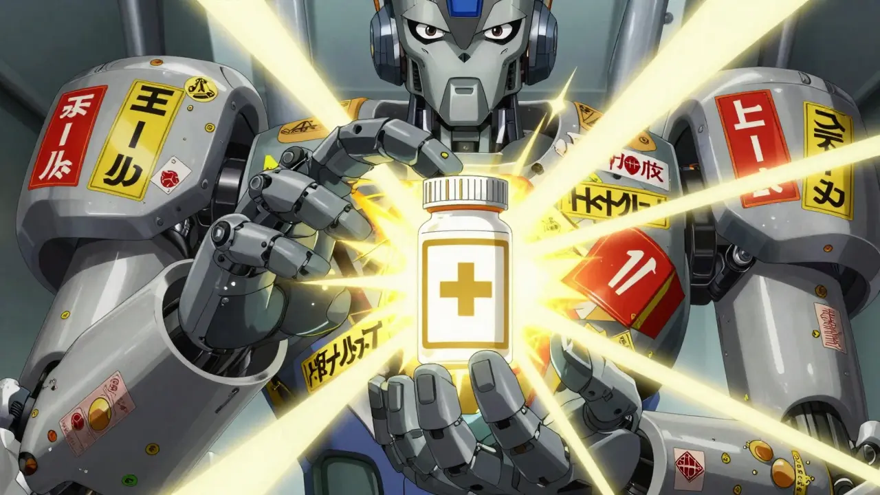 A mechanical hand holds a pill bottle covered in chaotic warning stickers, with one glowing standard icon at its center.