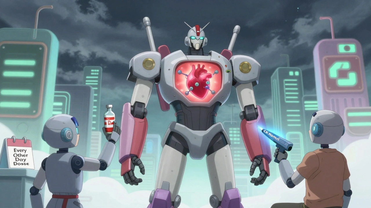 A medical mecha with a heart and cholesterol molecule is assisted by robots holding vitamin D, every-other-day dose, and a blood scan.