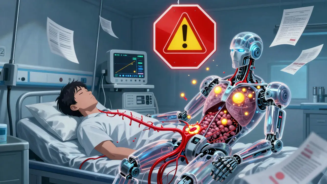 A patient's body reveals robotic internals as yellow curcumin molecules disrupt blood clotting proteins.