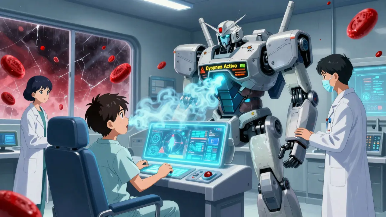 A patient in a medical cockpit controlling a Ticagrelor robot breathing blue mist, with holographic bleeding risk displays around them.