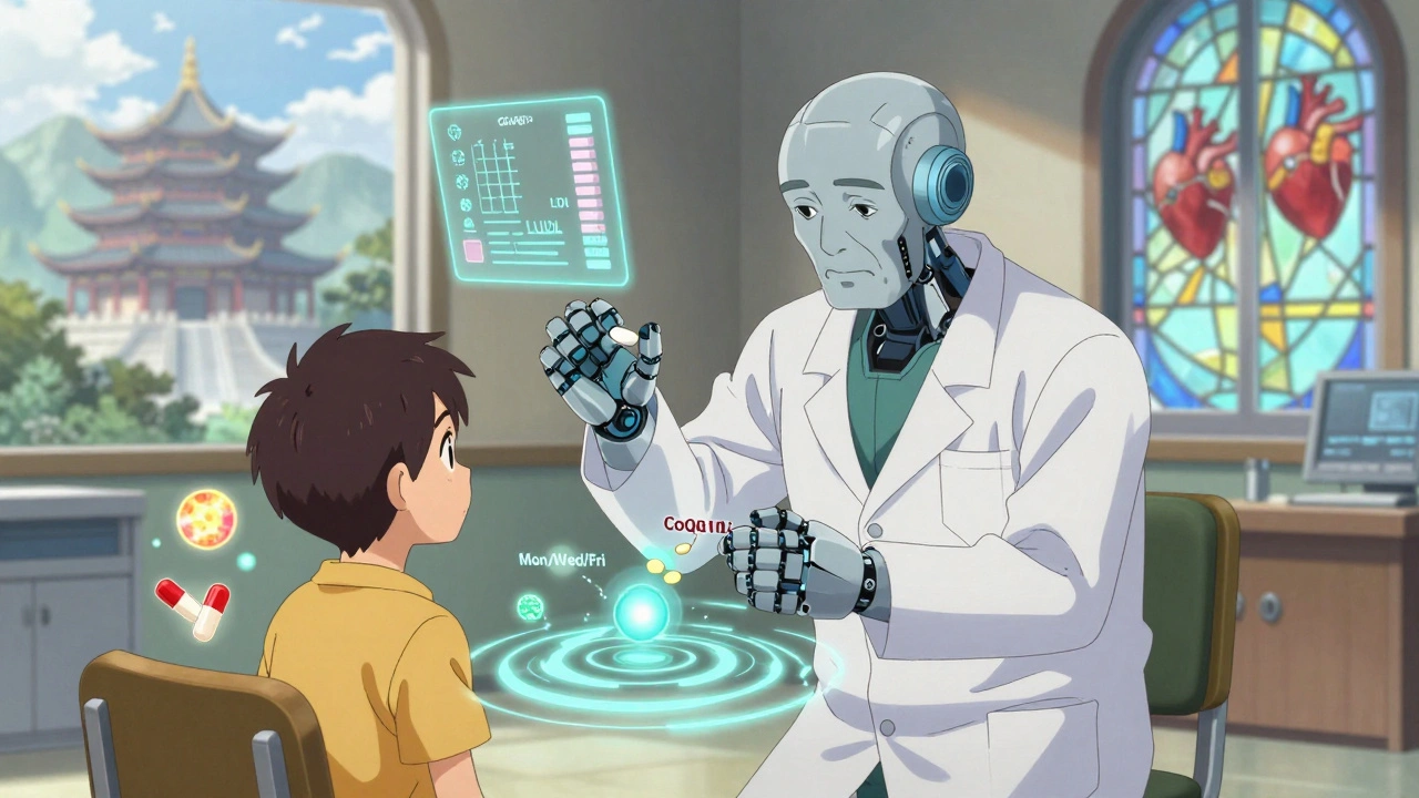 A patient learns intermittent dosing from a wise robot, with floating pills and health charts in a serene dojo.