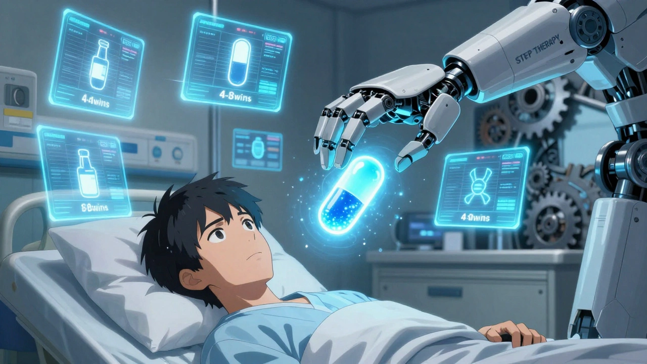 A patient reaches for a life-saving drug as a robotic hand blocks it with time countdowns.