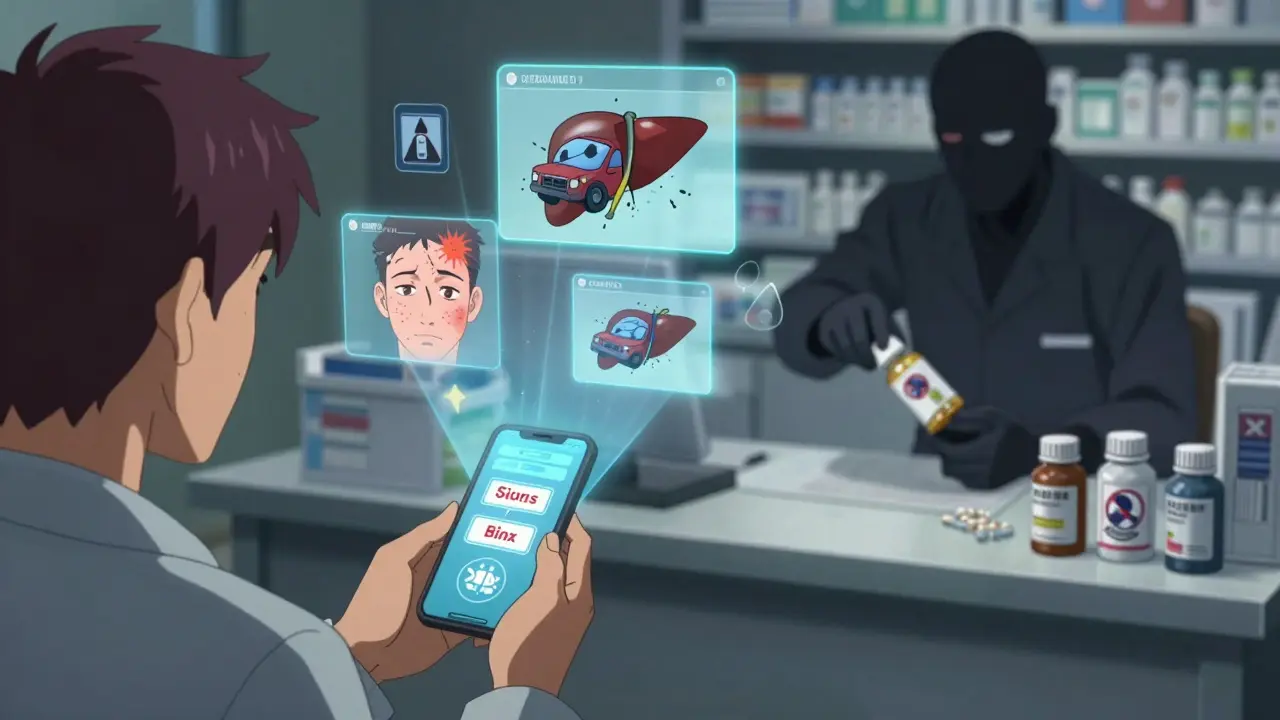 A patient scans a pill bottle with a phone, revealing animated safety videos in the air, while a pharmacist adds more stickers.
