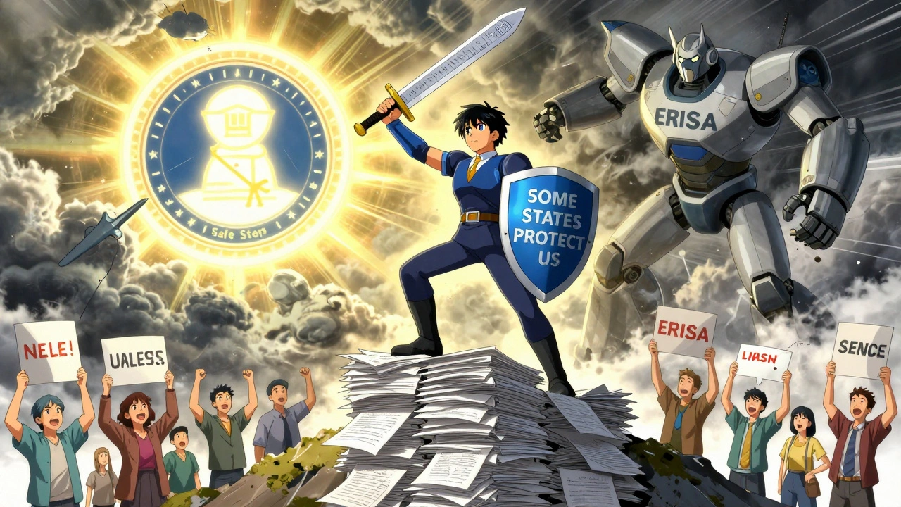 A patient stands victorious atop paperwork, wielding medical records as a sword against insurer robots.