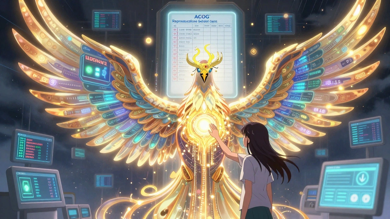 A phoenix-shaped medical terminal unites OB/GYN and psychiatrist data as a woman connects with her care plan.