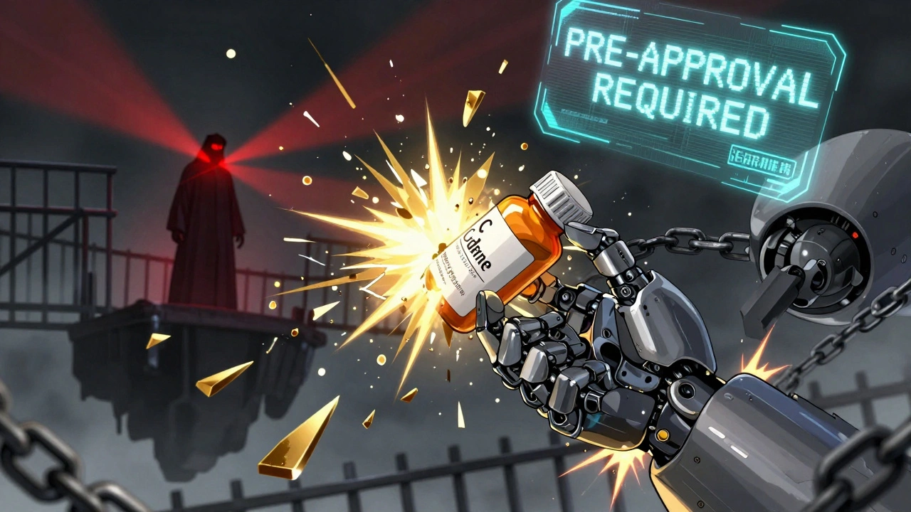 A pill bottle explodes into prison bars as a shadowy figure scans the debris with red detection beams.