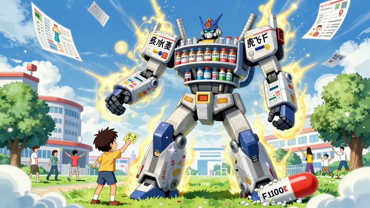A robot-shelf crushes an expensive brand-name pill while offering affordable generics to a child under a healing sky.