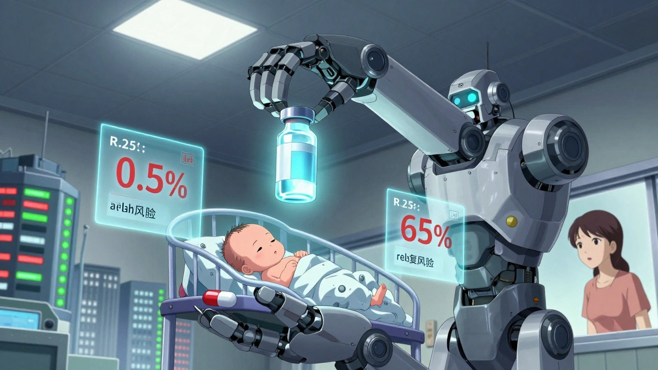 A robotic arm holds lithium and escitalopram above a newborn, with risk scores floating in the air.