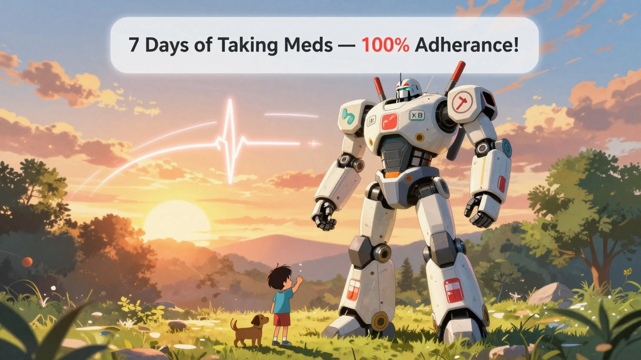 A robotic guardian watches over a child playing, with a progress streak glowing in the sky.