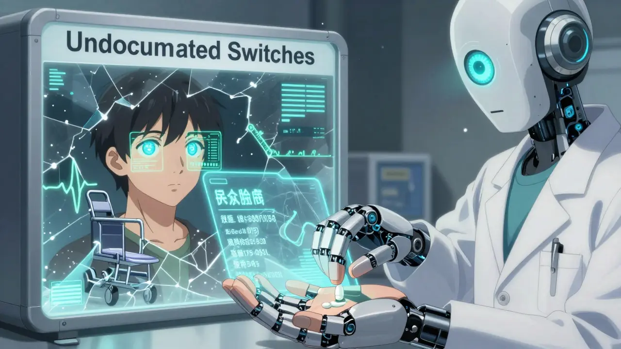 A robotic hand gives a patient a pill while digital records of manufacturer and lot number float in the air.